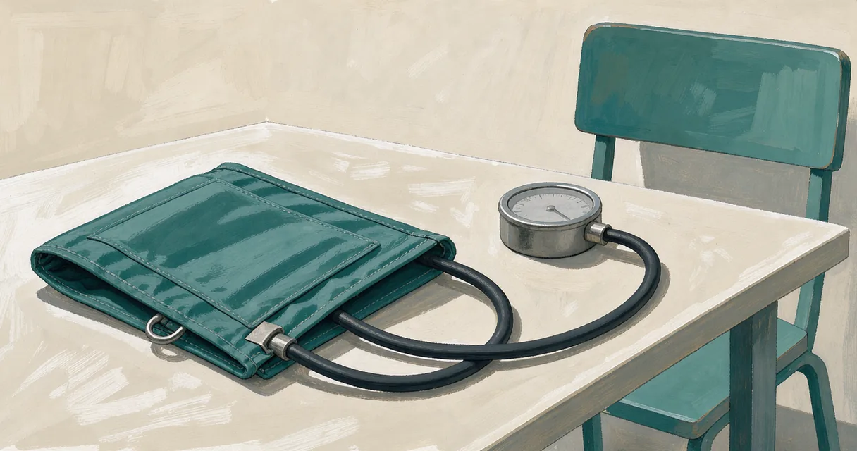 An open arm cuff and manual blood-pressure gauge on a pale table beside a teal chair
