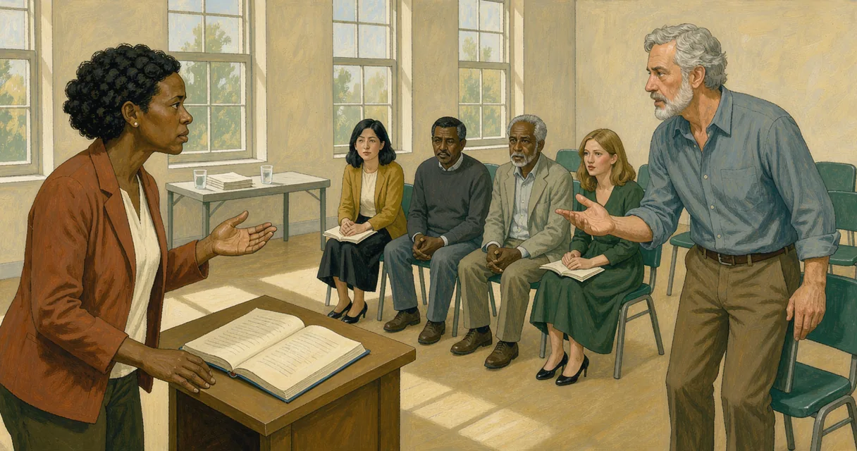 An adult speaker at a lectern faces a questioner standing among seated listeners