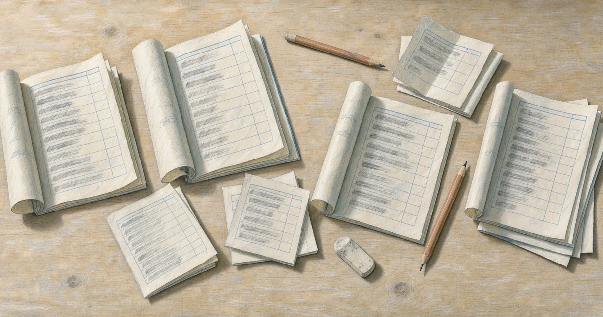 Open questionnaire booklets, pencils and folded paper on a cream table